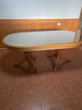 Mesa cristal y madera rústica + 4 sillas