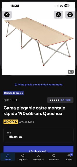 Cama plegable Quechua 190x65 cm