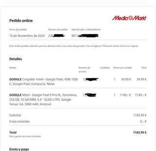 Móvil Google Pixel 9 Pro XL 256G 2 fundas+garanti