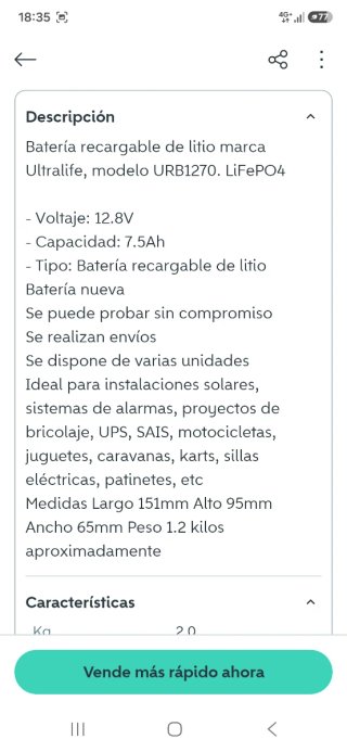 Batería Litio 12.8V 7.5Ah URB1270 Ultralife