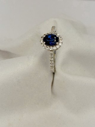 Anillo Plata 925 Halo Zafiro Azul y Diamantes
