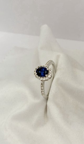 Anillo Plata 925 Halo Zafiro Azul y Diamantes
