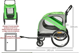Remolque y carro para perro gris y verde.
