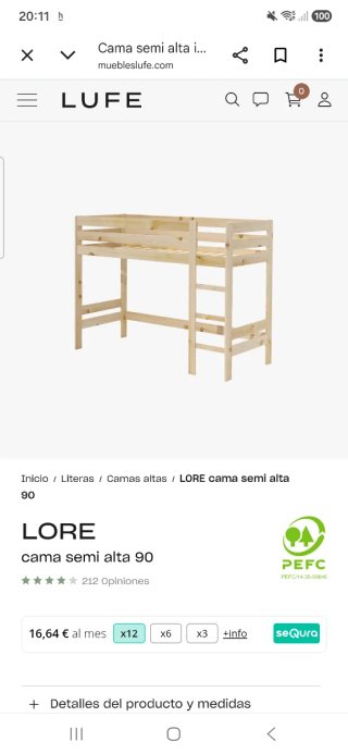 Cama alta infantil de madera