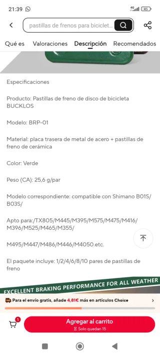 Pastillas Freno Disco MTB
