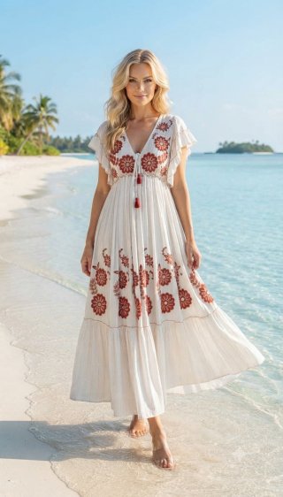 Vestido Boho Chic Bordado Bordeaux Talla Única