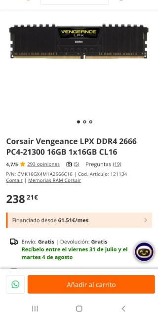 Memoria RAM DDR4 Vengeance 2666 Mhz 16GB