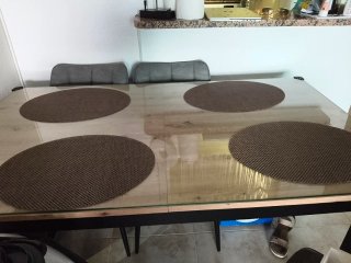 Mesa comedor extensible madera y cristal