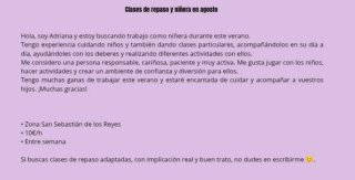 Niñera y clases particulares en agosto