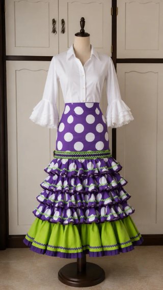 Vestido Flamenco Lunares Morado y Verde