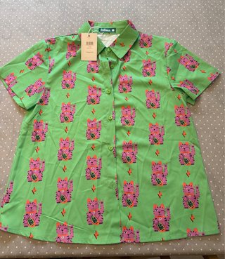 Camisa Lolina Verde Talla S Gatos Rosas