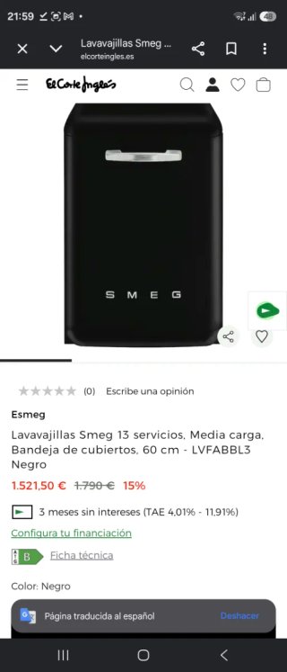 Lavavajillas Smeg Negro 13 servicios