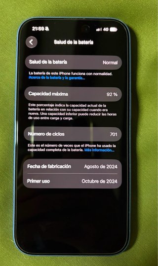 iPhone 16 128GB Azul 92% Batería con caja original