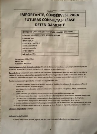 Lona de repuesto para sombrilla 3x4 metros. Nueva