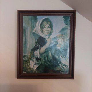 Cuadro al óleo Niña con gallo Gil Guerra