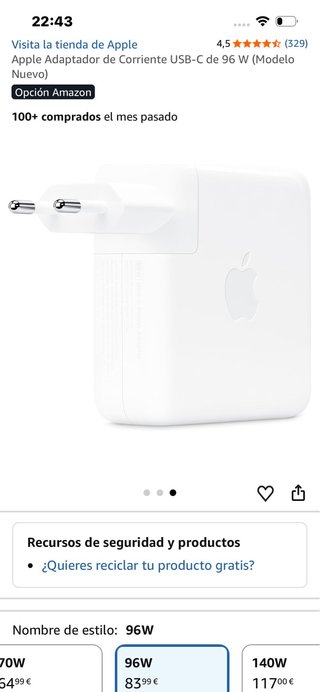 Adaptador Corriente Apple 96W USB-C