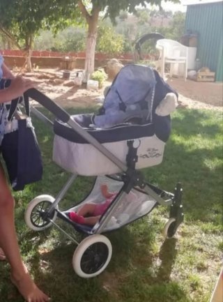 Carrito de muñecas azul y blanco