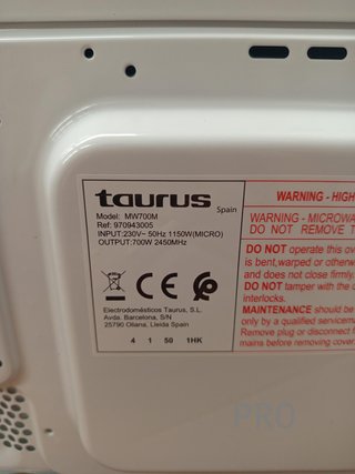 ProductoTaurus Microondas 20L, 700W, 5 potencias, Sin Grill.