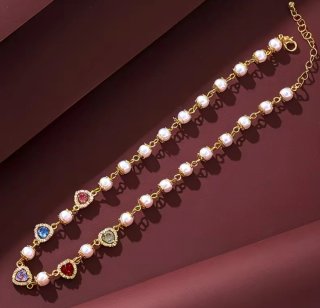 Collar Perlas Baño Oro Corazones Multicolor