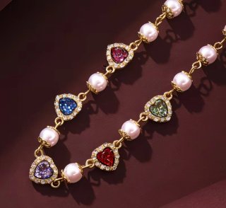 Collar Perlas Baño Oro Corazones Multicolor