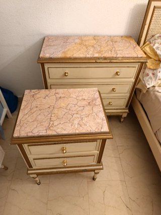 Mesita Noche Vintage Mármol Rosa y Madera Beige