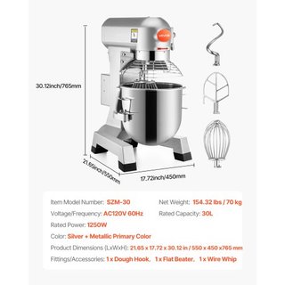 Mezclador Eléctrico de Alimentos Mezclador de Pie de 30L Mezclador de Masa Eléctrico de 1100W 220V Mezclador Comercial Ajustable Mezclador de Pie Comercial para Uso en Cocina