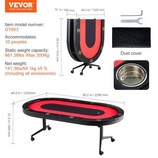 Mesa de Póker Plegable para 10 Jugadores, Mesa de Póker Texas Holdem Blackjack con Barandillas Acolchadas y Soportes para Vasos de Acero Inoxidable, Mesa de Juego de Cartas Plegable y Portátil, Me...
