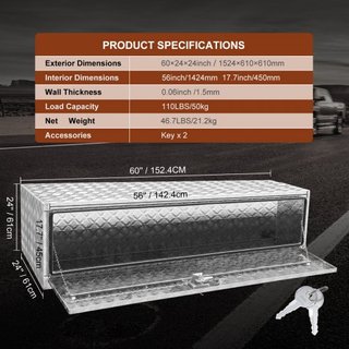 Caja de Camión Bajo, 1524 x 610 x 610 mm Caja de Almacenamiento para Pickup, Caja de Herramientas de Aluminio de Placa de Diamante de Alta Resistencia con Cerradura y Llaves, Caja de Almacenamient...