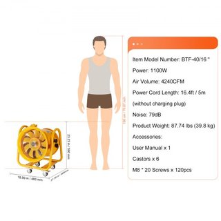 Ventilador Portátil, Ventilador Cilíndrico de 406.4mm de Alta Resistencia, Ventilador de Escape Fuerte de 1100W 4240CFM, Cable de Alimentación de 5m (Sin Cabezal de Carga), Soplador Industrial par...