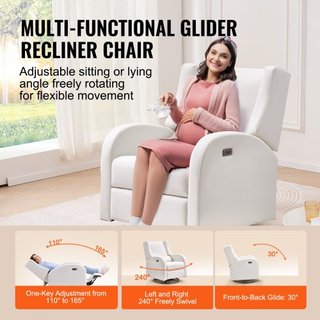 Recliner Eléctrico y Glider Giratorio, Silla Recliner Glider con Capacidad de Peso de 113.4 kg y Ángulo Ajustable, Silla Rocker de Superficie de Poliéster para Sala de Estar, Dormitorio, Blanco Roto