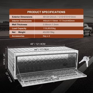 Caja de Camión Inferior, Caja de Almacenamiento para Pickup de 48"×24"×24", Caja de Herramientas de Aluminio de Placa de Diamante de Alta Resistencia con Cerradura y Llaves, Caja de Almacenamiento...