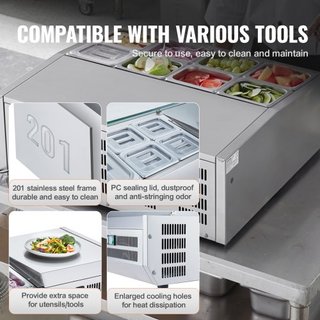 Estación de Preparación de Condimentos Refrigerada, Estación de Condimentos Refrigerada de 145 W para Encimera, con 8 Bandejas 1/6, Cuerpo de Acero Inoxidable 304 y Tapa de PC, Mesa de Preparación...