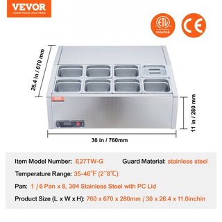 Estación de Preparación de Condimentos Refrigerada, Estación de Condimentos Refrigerada de 145 W para Encimera, con 8 Bandejas 1/6, Cuerpo de Acero Inoxidable 304 y Tapa de PC, Mesa de Preparación...