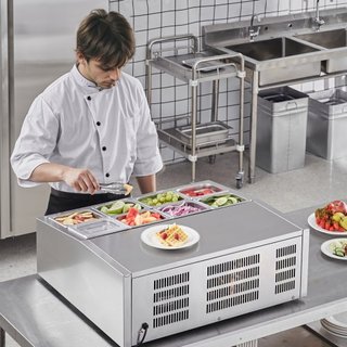 Estación de Preparación de Condimentos Refrigerada, Estación de Condimentos Refrigerada de 145 W para Encimera, con 8 Bandejas 1/6, Cuerpo de Acero Inoxidable 304 y Tapa de PC, Mesa de Preparación...