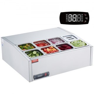 Estación de Preparación de Condimentos Refrigerada, Estación de Condimentos Refrigerada de 145 W para Encimera, con 8 Bandejas 1/6, Cuerpo de Acero Inoxidable 304 y Tapa de PC, Mesa de Preparación...