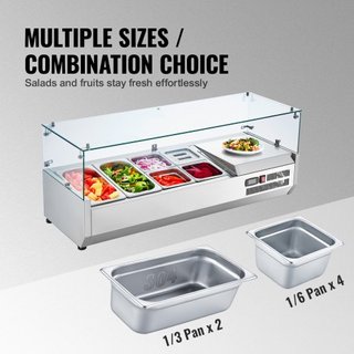 Estación de Preparación de Condimentos Refrigerada, Estación de Condimentos Refrigerada de Encimera de 140 W, con 2 bandejas de 1/3 y 4 bandejas de 1/6, Cuerpo de Acero Inoxidable 304 y Tapa de PC...