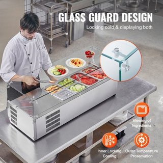 Estación de Preparación de Condimentos Refrigerada, Estación de Condimentos Refrigerada de Encimera de 140 W, con 2 bandejas de 1/3 y 4 bandejas de 1/6, Cuerpo de Acero Inoxidable 304 y Tapa de PC...