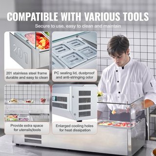 Estación de Preparación de Condimentos Refrigerada, Estación de Condimentos Refrigerada de Encimera de 140 W, con 2 bandejas de 1/3 y 4 bandejas de 1/6, Cuerpo de Acero Inoxidable 304 y Tapa de PC...