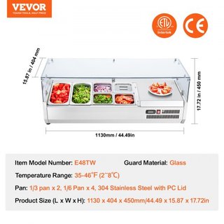 Estación de Preparación de Condimentos Refrigerada, Estación de Condimentos Refrigerada de Encimera de 140 W, con 2 bandejas de 1/3 y 4 bandejas de 1/6, Cuerpo de Acero Inoxidable 304 y Tapa de PC...