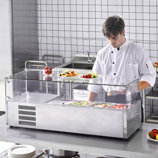 Estación de Preparación de Condimentos Refrigerada, Estación de Condimentos Refrigerada de Encimera de 140 W, con 2 bandejas de 1/3 y 4 bandejas de 1/6, Cuerpo de Acero Inoxidable 304 y Tapa de PC...