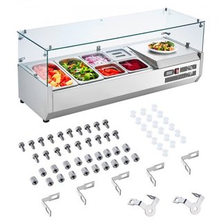 Estación de Preparación de Condimentos Refrigerada, Estación de Condimentos Refrigerada de Encimera de 140 W, con 2 bandejas de 1/3 y 4 bandejas de 1/6, Cuerpo de Acero Inoxidable 304 y Tapa de PC...