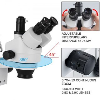 Microscopio Estéreo Trinocular Simul-Focal 3.5X-90X con Brazo Doble y Rotación de 360°