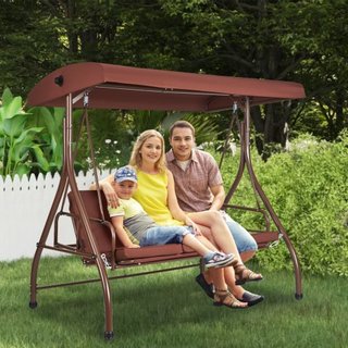 Silla Colgante de Patio para 3 Personas, Columpio con Dosel Convertible, Patio Exterior con Dosel Ajustable, Cojín Grueso Desmontable y Estructura de Acero Aleado, para Balcón, Jardín, Junto a la ...