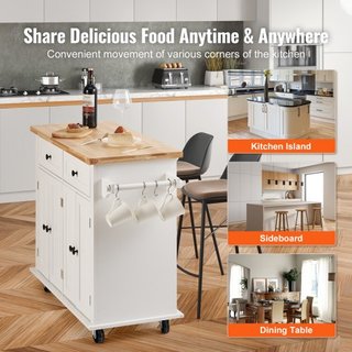 Carro de Isla de Cocina con Parte Superior de Madera Sólida, Carros Móviles de 90 cm de Ancho con Armario de Almacenamiento, Mesa de Cocina Rodante con Estante para Especias, Soporte para Toallas ...