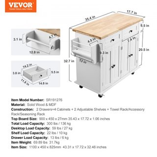 Carro de Isla de Cocina con Parte Superior de Madera Sólida, Carros Móviles de 90 cm de Ancho con Armario de Almacenamiento, Mesa de Cocina Rodante con Estante para Especias, Soporte para Toallas ...