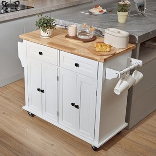Carro de Isla de Cocina con Parte Superior de Madera Sólida, Carros Móviles de 90 cm de Ancho con Armario de Almacenamiento, Mesa de Cocina Rodante con Estante para Especias, Soporte para Toallas ...
