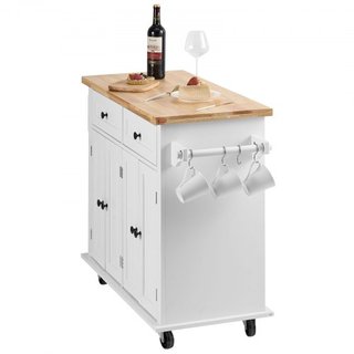 Carro de Isla de Cocina con Parte Superior de Madera Sólida, Carros Móviles de 90 cm de Ancho con Armario de Almacenamiento, Mesa de Cocina Rodante con Estante para Especias, Soporte para Toallas ...