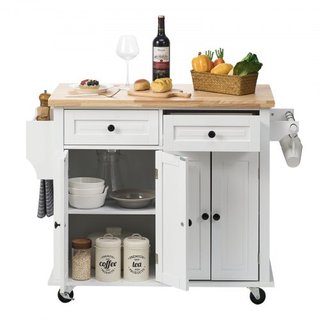Carro de Isla de Cocina con Parte Superior de Madera Sólida, Carros Móviles de 90 cm de Ancho con Armario de Almacenamiento, Mesa de Cocina Rodante con Estante para Especias, Soporte para Toallas ...