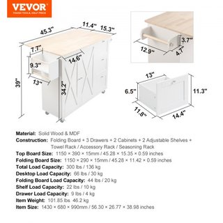 Carro de Isla de Cocina con Parte Superior de Madera Sólida, Carros Móviles de 115 cm de Ancho con Armario de Almacenamiento, Mesa de Cocina Rodante con Estante para Especias, Soporte para Toallas...