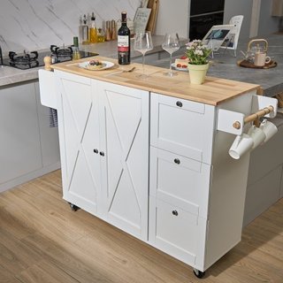 Carro de Isla de Cocina con Parte Superior de Madera Sólida, Carros Móviles de 115 cm de Ancho con Armario de Almacenamiento, Mesa de Cocina Rodante con Estante para Especias, Soporte para Toallas...